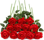 Red Fake Roses Artificial Flowers - 10 Pcs Fake Artificial Roses Silk Flowers with Stems for Home Wedding Hotel Office Centerpiece Decor