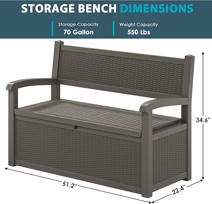 70 Gallon Storage Bench Deck Box for Patio Furniture with Armrest Bench Outdoor Storage
