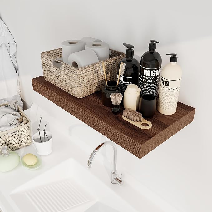 12 Inch Deep Floating Shelves, 24 x 12 Floating Shelf for Books, Rustic Wood Deep Wall Shelves for Home Storage & Display, 2" Thicked Shelves for Kitchen, Living Room, Bedroom, Walnut Color, 2 Pack