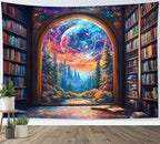 LB Fantasy Bookshelf Moon Tapestry, Trippy Tree and Vintage Library in Forest Wall Tapestry for Bedroom, Galaxy Cool Wall Art for Living Room Dorm Classroom Home Decor Ready to Hanging, 92.5 x 70.9 Inches