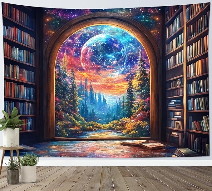 LB Fantasy Bookshelf Moon Tapestry, Trippy Tree and Vintage Library in Forest Wall Tapestry for Bedroom, Galaxy Cool Wall Art for Living Room Dorm Classroom Home Decor Ready to Hanging, 80 x 60 Inches