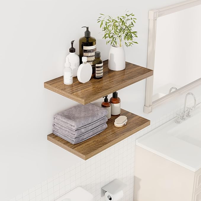 24" Floating Shelves for Wall, 12" Deep Slim Walnut Floating Shelves, Wall-Mounted Shelves for Bedroom, Living Room, Kitchen, Bathroom - Set of 2