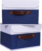 ANMINY 4PCS Storage Boxes with Lid Washable Decorative Storage Bin Basket with PU Leather Handle Foldable Linen Fabric Storage Cube Container for Home Closet Organizer - Deep Blue White, Small Size