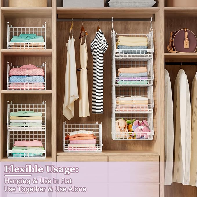 5 Tier Closet Hanging Organizer, Clothes Hanging Shelves with 4 Hanging Hooks 5 S Hooks, Wire Storage Basket Bins, for Clothing Sweaters Shoes Handbags Clutches Accessories Patent Design-White