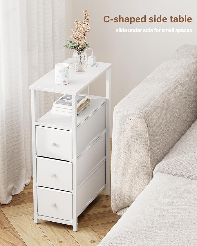 TUTOTAK Narrow Night Stand with Charging Station, Slim End Table with Plugins, Tall Side Table with 3 Fabric Drawer, Small Bedside Table with Storage, Living Room, Bedroom, White TB01BW086