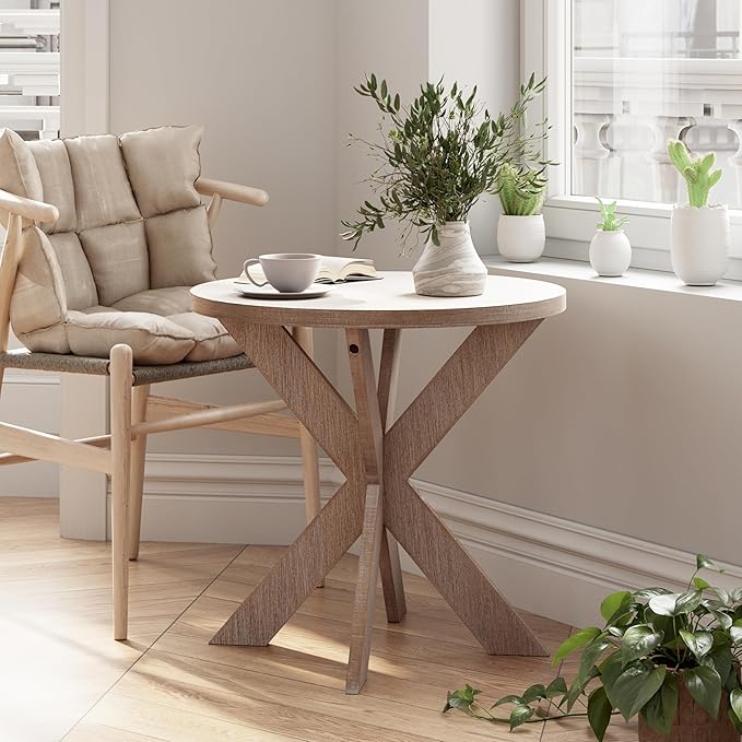 COZAYH Farmhouse Cross Leg Round End Table - Vintage Grey
