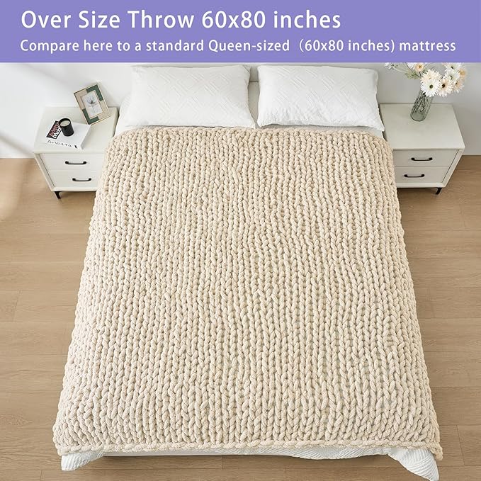 Bigacogo Chunky Knit Throw Blanket for Couch, 60x80 inches, 100% Hand Knitted with Thick Jumbo Chenille Yarn, Cozy Soft Large Rope Knot Cable Crochet Blankets for Sofa Bed Living Room, Beige