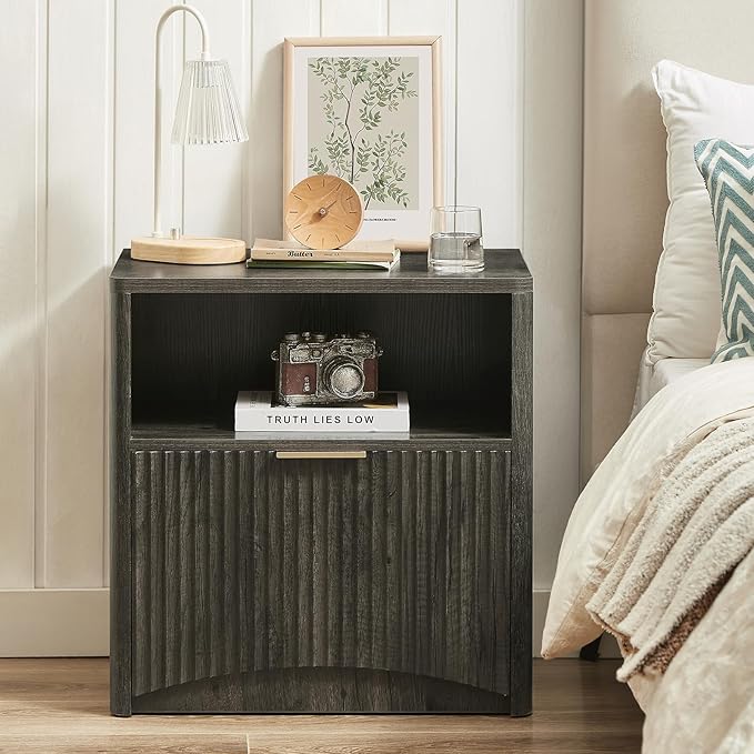 Fluted Nightstand, Dark Grey Bedside Table with Drawer and Storage, Wood End Table Mid Century Modern, Large Night Stand for Bedroom