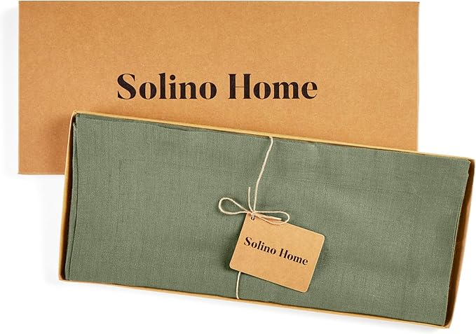 Solino Home Linen Oil Green Table Runner 132 Inches Long - 100% Pure Linen Extra Long Table Runner 14 x 132 Inch for Fall, Autumn, Thanksgiving - Fete