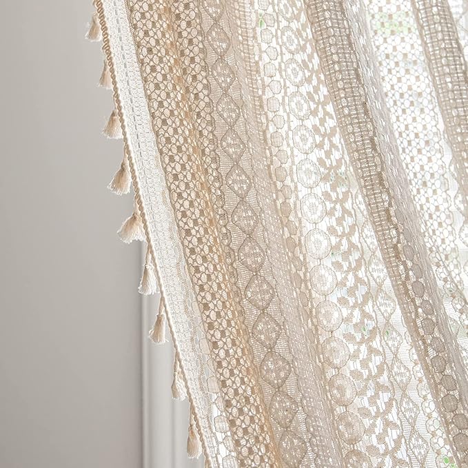 Sutuo Home Boho Sheer Curtain 108 Inches Long, Crochet Lace with Bohemian Hollow Knitted Handmade Tassels,Vintage Farmhouse Window Treatment for Bedroom, Rod Pocket, 1 Panel 59" W x 108" L, Beige