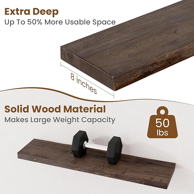 Floating Shelves for Wall Decor, Rustic Solid Elm Wood Live Edge Floating Shelves Wall Mounted, Wall Shelves with Invisible Bracket for Living Room Bathroom Bedroom Kitchen, 32 Inch Set of 2, Walnut