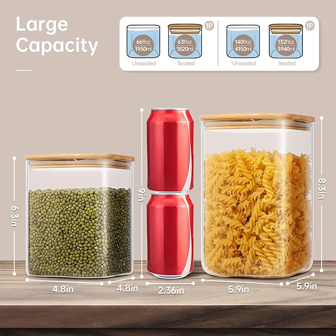 Extra Large Square Glass Flour & Sugar Storage Containers with Airtight Lids, 132oz & 63oz - 2 Pack Glass Jars with Bamboo Lids, Air tight Pantry Food Storage Containers for Cereal, Pasta, Rice