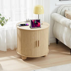 Farmhouse Round End Table with Charging Station, 24" Large Fluted Sofa Side Table with Sliding Tambour Door & Storage, Mid-Century Wood Nightstand for Living Room, Bedroom (Natural)