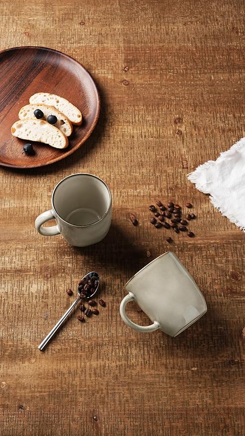 famiware Coffee Mugs Set of 4, Ocean Square 13oz Coffee Cup Set with Handle for Cocoa, Milk, Hot Chocolate, Tea, Water, Stoneware Cups for Kitchen, Microwave and Dishwasher Safe, Light khaki