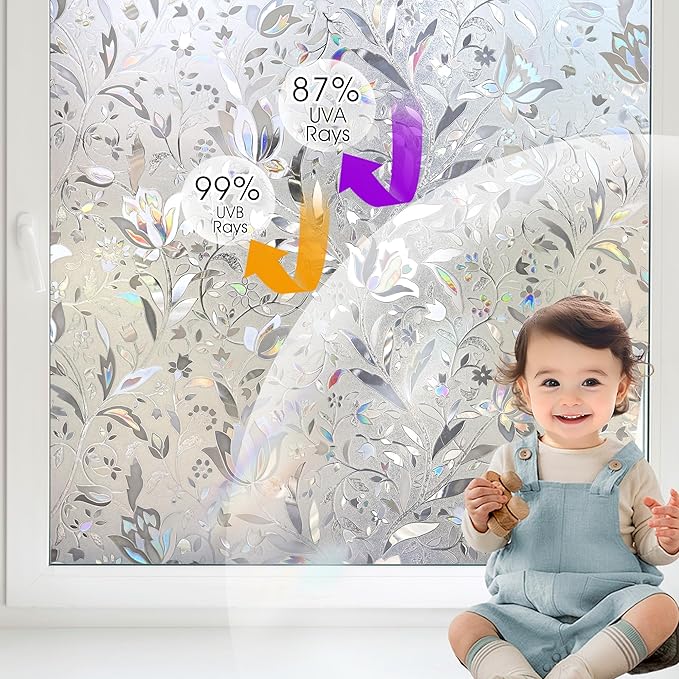 HIDBEA Window Privacy Film, 3D Stained Glass Static Cling - Sun Blocking Anti-UV Heat Control, Reusable Decorative Film for Home/Office Doors, Rainbow Tulip Design (23.6 in x 78.7 in)
