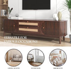Merax Modern Fluted TV Stand for 75" TVs, Mid-Century Entertainment Center Tambour Door Media Console TV Cabinet with Rattan-Front Drawer for Living Room, Curved Profile Design