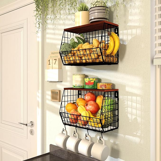 2pcs Fruit Basket Kitchen Storage Basket with Wood Lid, Stackable Wall Basket Fruit Basket for Kitchen, Countertop Organizer for Snack, Fruit and Veggie Storage, 11.8 x 7.9 x 8.5 Inch