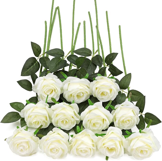 White Fake Roses Artificial Flowers - 10 Pcs Fake Artificial Roses Silk Flowers with Stems for Home Wedding Hotel Office Centerpiece Decor