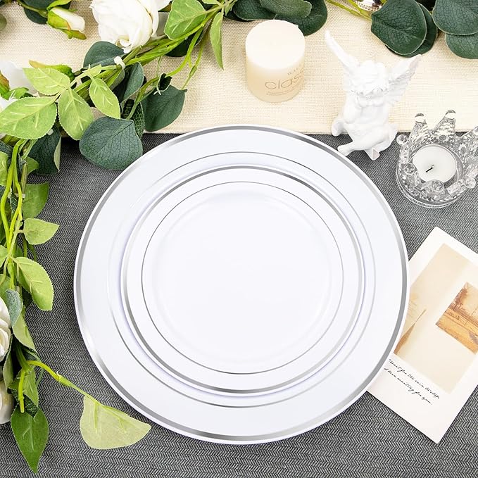 FLOWERCAT 60PCS Silver Plastic Plates - Heavy Duty White and Silver Plastic Plates Disposable - Include 30PCS 10.25inch Dinner Plates and 30PCS 7.5inch Dessert Plates for Wedding&New Year