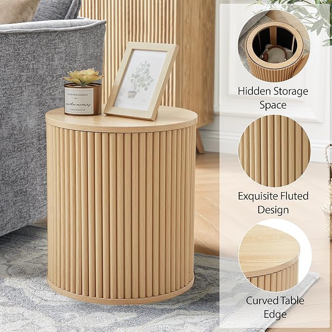 AVZEAR Small Round Side Table Fluted Night Stand Set of 2, Modern Boho End Table with Storage, Circle Bedside Tables Wood Nightstands for Small Spaces, Living Room, Bedroom (Nature)