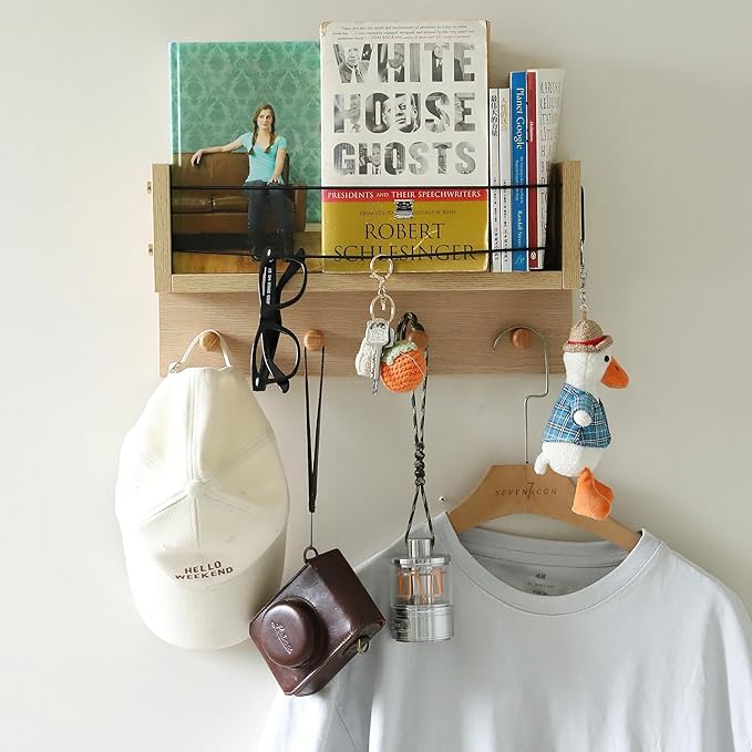 Entrance Coat Rack ，Coat Hooks, Wall-Mounted Wooden Hook Rack, Wall-Mounted Shelves are Very Suitable (Oak Colored Finish-A)