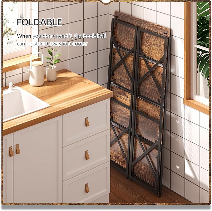 4NM 4 Tiers No Assembly Book Shelves, 41.3" H Folding Bookshelf Bookcase Open Industrial Foldable Shelves for Bedroom, Living Room, Home Office - Rustic Brown Black