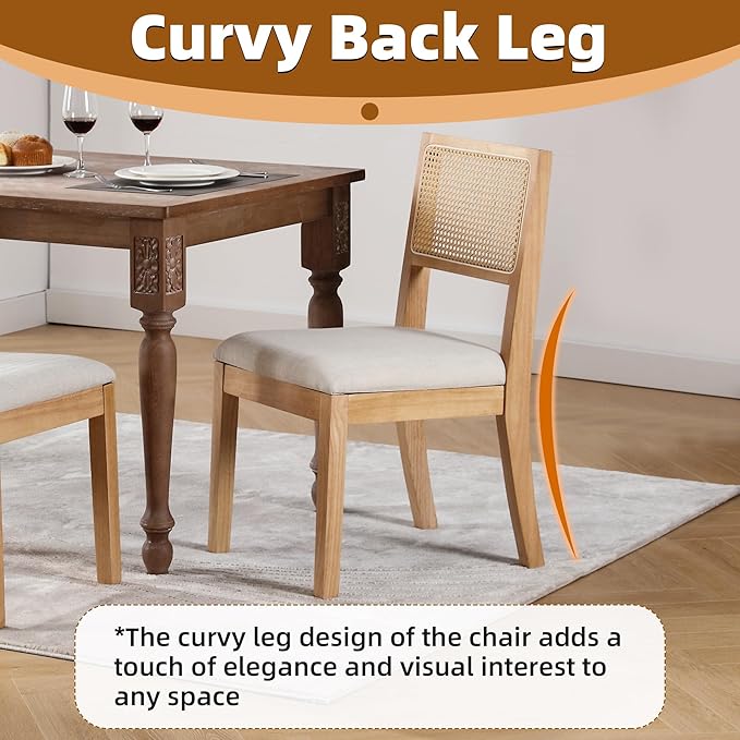 Westice Rattan Dining Chairs Set of 6, Farmhouse Natural Dining Room Chairs with Upholstered Cushion, Wood Armless Chairs for Kitchen/Restaurant