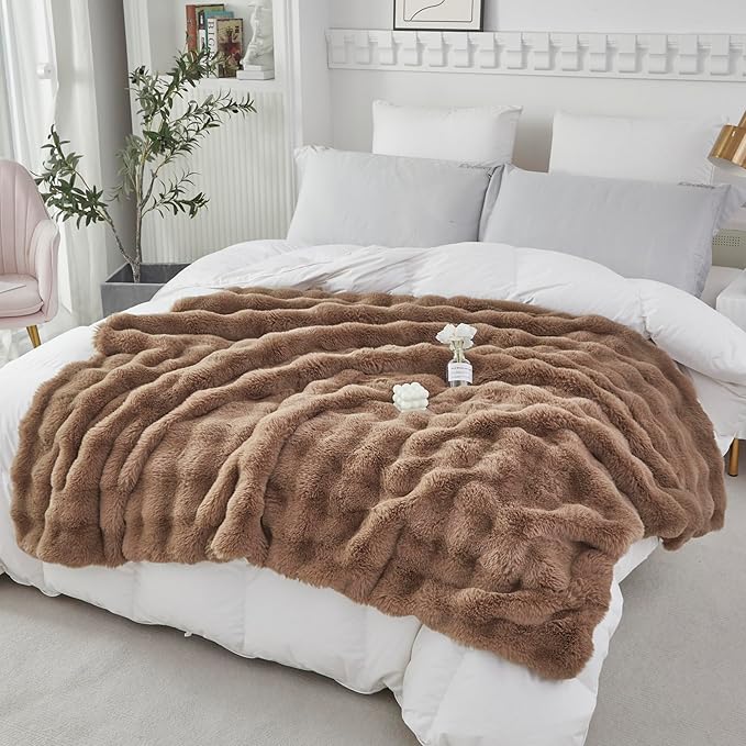 RYNGHIPY Faux Rabbit Fur Throw Blanket Ruched Plush Fuzzy Blanket for Couch Bed Sofa Heavy Warm Comfy Throws for Living Room Bedroom Machine Washable (Solid Brown, 63''x79'')
