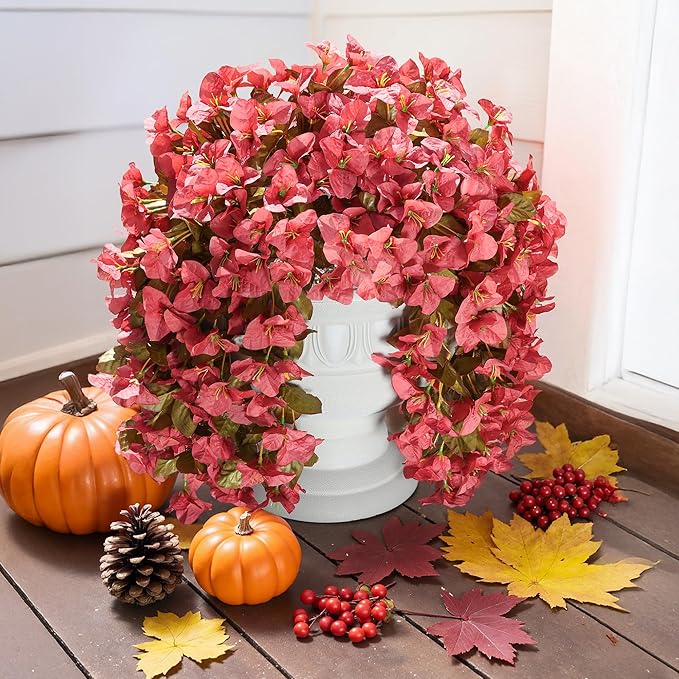 Bougainvillea Artificial Flowers Plants for Outdoors Outside Fall Autumn Decoration, 2 pcs Faux Silk Long Trailing Vines UV Resistant Look Real Red Fake Flowers for Front Door Porch Planter Urn Patio