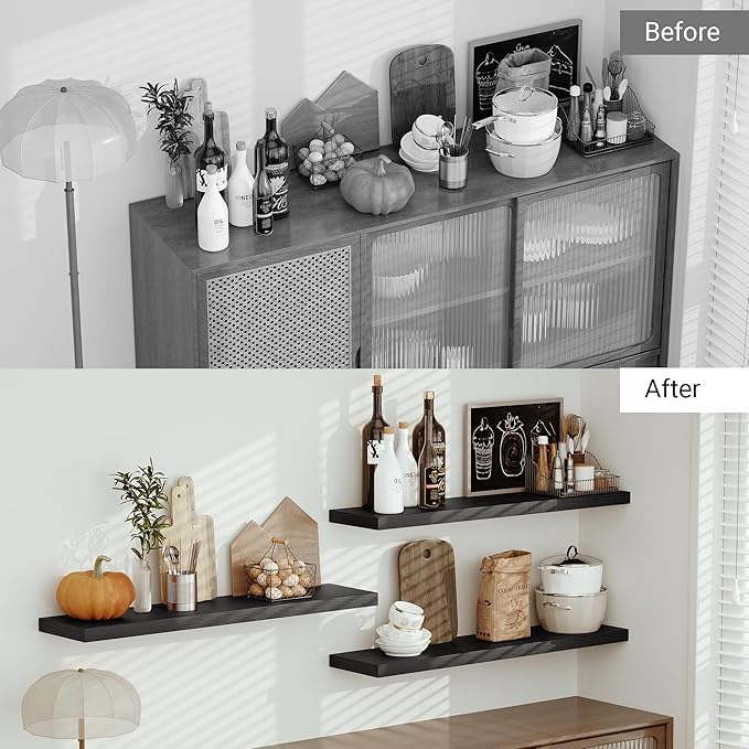 Single Floating Shelves 48 Inches, 48 x 10 inch Deep x 1.8 in Thick, Long Wall Shelves Heavy Duty 80 lbs for Bedroom, Living Room, Kitchen, Office, Modern Shelf Book Home Decor, Black