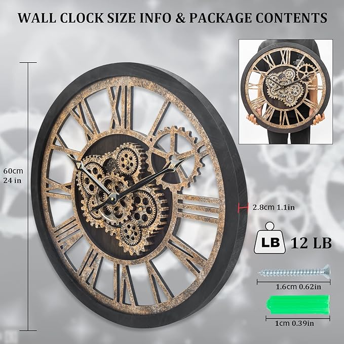 HOIBAI Large Wall Clock, 24 Inch Wall Clocks for Living Room Decor Farmhouse Vintage Rustic Kitchen Wall Decor Vintage Roman Big Oversized Wall Clock for Home Bedroom House Office, Moving Gears Clock