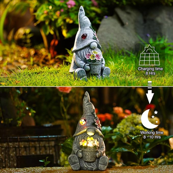 Goodeco Sitting Gnome Holding Flower Statue - Solar Garden Gnomes Decor for Outside with LED Lights, for Women or Moms, Housewarming Gnome Decorations