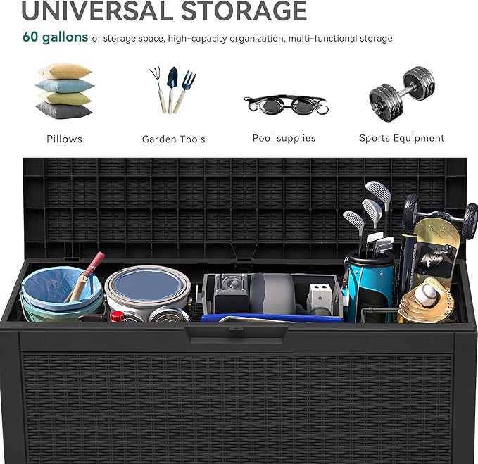 YITAHOME 60 Gallon Resin Deck Box, Weather Resistant Outdoor Rattan Storage Box, Lockable Indoor Outdoor Storage for Supplies and Essentials, Black