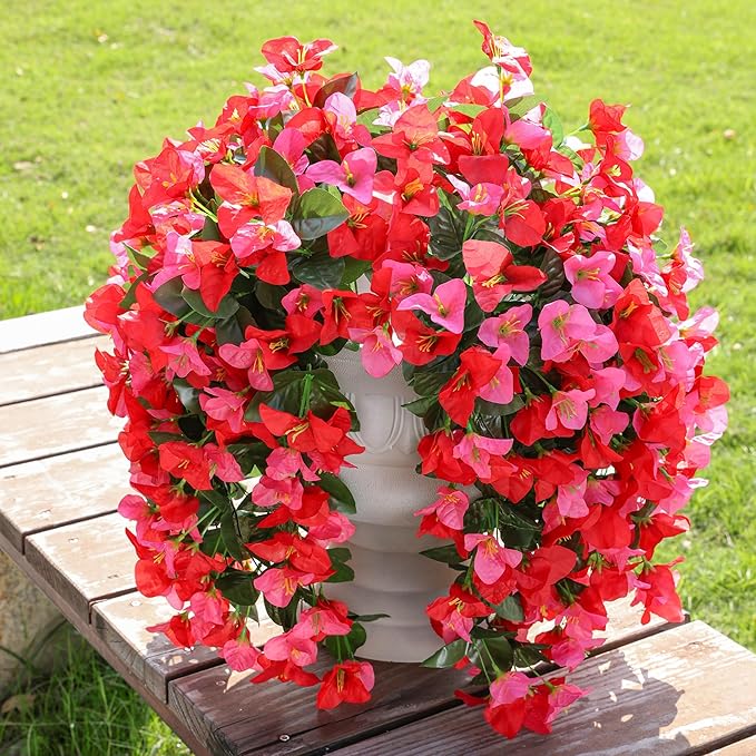 Faux Bougainvillea Artificial Flowers Plants for Outdoors Outside Decoration, 2pcs Fake Flowers Silk Long Trailing Vines UV Resistant Realistic for Front Door Porch Planter Urn Patio Balcony Yard, Mix