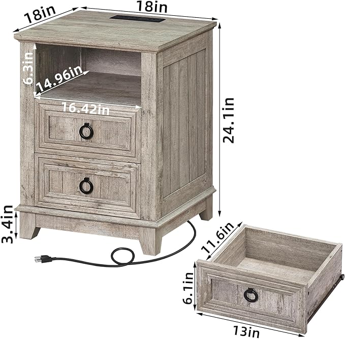 18" Farmhouse Night Stand with Charging Station, 2 Drawers End Table Dresser for Bedroom, Oak Wooden Nightstand, Bed Side Table with Open Shelf, Bedside Cabinet for Living Room, Closet