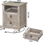 18" Farmhouse Night Stands Set of 2 with Charging Station, 2 Drawers End Table Dresser for Bedroom, Oak Wooden Nightstand, Bed Side Table with Open Shelf, Bedside Cabinet for Living Room