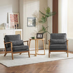 Karl home Accent Chair Wide Armrest Mid-Century Lounge Chair Linen Fabric Armchair with Lumbar Pillow & Solid Wood Frame for Living Room, Bedroom, Balcony, Gray