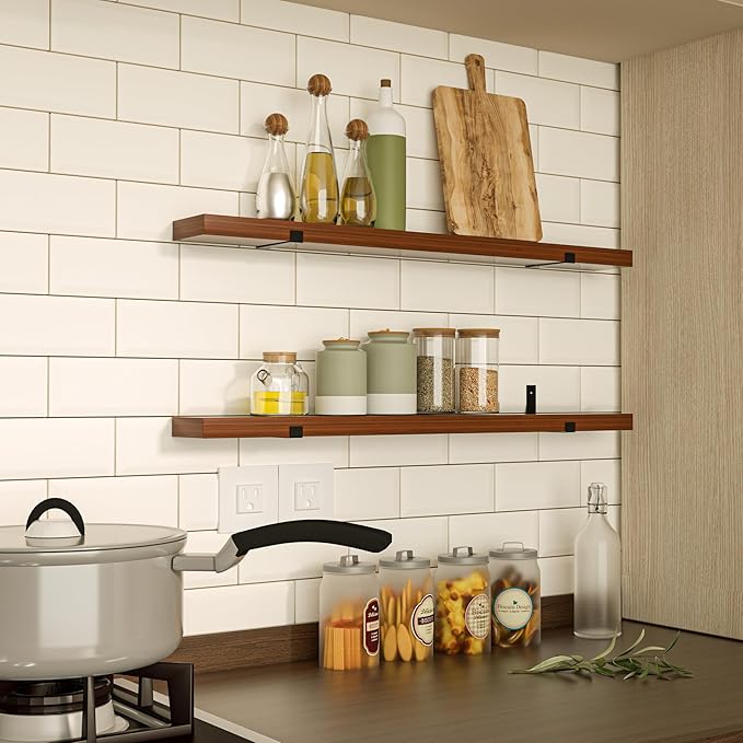 CONSDAN Floating Shelves for Wall Mounted Book Shelf Hanging Shelves Floating Bookshelf for Bedroom, Bathroom, Living Room, Kitchen USA Grown Solid Hardwood, Dark Maple 60x7.5x1.5 in (Set of 2)
