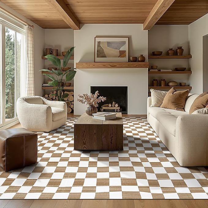 jinchan 8x10 Brown Checkered Area Rugs for Kids Room - Machine Washable Rug Modern Neutral Geometric Lattice Soft Non-Slip Carpet for Nursery Playroom Classroom Living Room Bedroom Dining Room