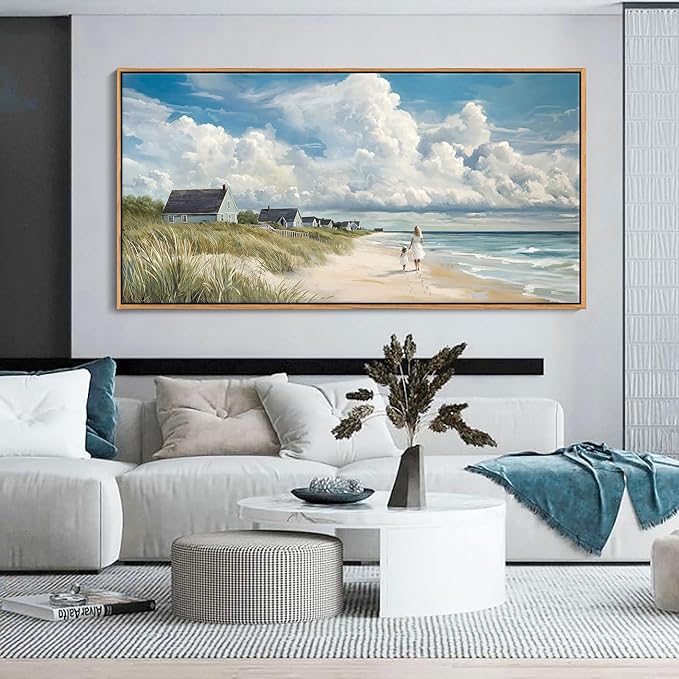 HGUAOA Coastal Canvas Wall Art - Large Landscape Wall Art for Living Room - Ocean and Beach Painting - Blue Artwork for Bedroom Decor - Above Bed Wall Pictures -Beach Theme Print Art
