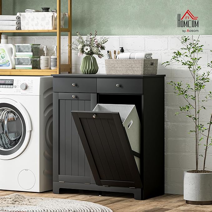 HOMCOM Laundry Hamper Cabinet with 2 Removable Baskets, Tilt Out Laundry Hamper Cabinet with 2 Drawers and 2 Beadboard Doors, Laundry Cabinet Bathroom Storage Cabinet, Black