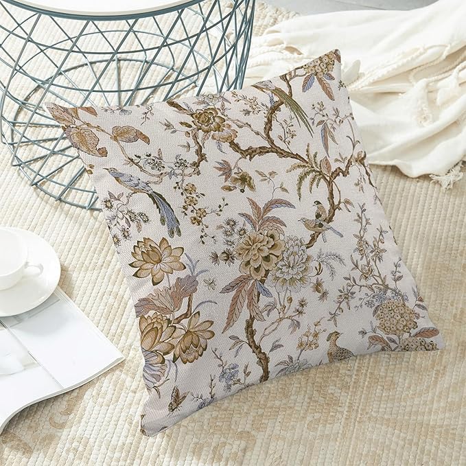 CXMEIFLY Spring Floral Birds Pillow Covers 18 x 18 Inch Set of 2 for Chinoiserie Flowers Decor Throw Pillows Brown and White Plant Outdoor Decorative Cushion Cases for Couch Bed Decorations