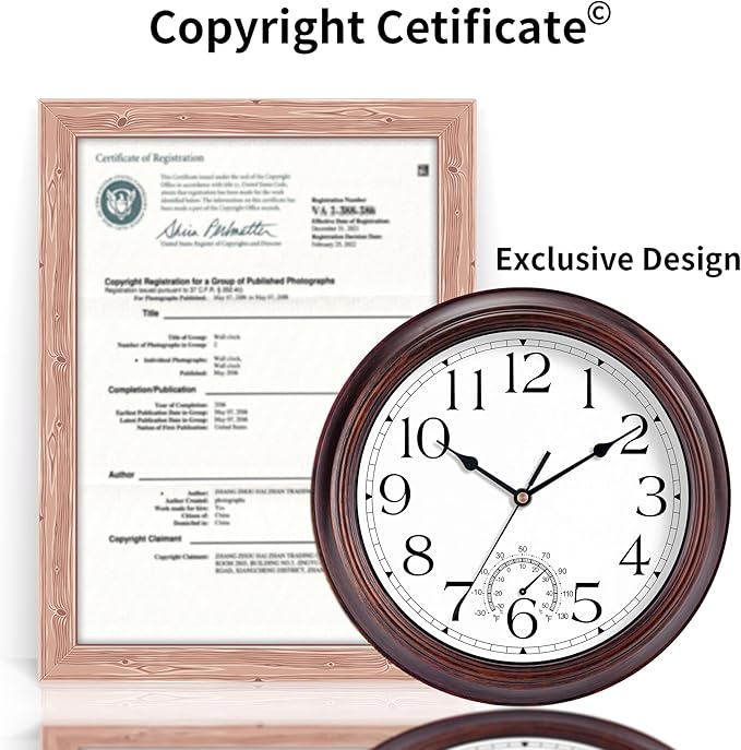 10 Inch Outdoor Wall Clock with Thermometers, Vintage Silent Wall Clocks Battery Operated, Retro Non-Ticking Clock Decorative for Living Room, Patio, Kitchen, Office, Bathroom, Bedroom(Bronze)