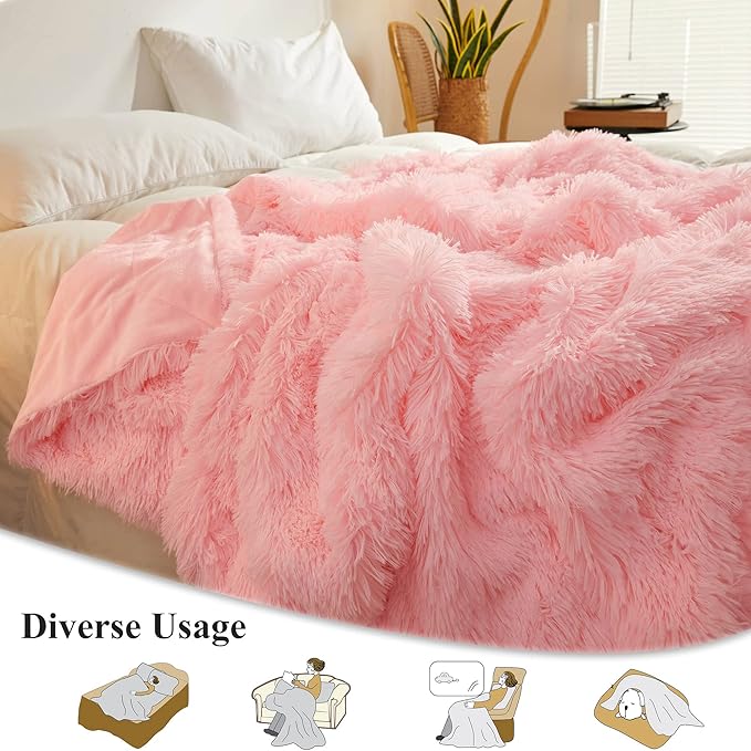 XeGe Luxury Faux Fur Blanket, Pink Soft Big Fluffy Throw, Shaggy Plush Decorative Cute Girls Furry Bed Throw, Fuzzy Blanket for Couch Bedroom Living Room, Pink, 60x90