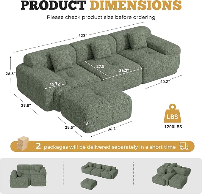122" Modern L Shaped Modular Sectional Sofa, Boneless Couches for Living Room with Ottoman,4 Seater Convertible Chenille Cloud Couch Sofa Set, No Assembly Required, Green 1 PCS