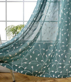 MIUCO Floral Embroidered Semi Sheer Curtains Faux Linen Grommet Window Panel Pair for Bedroom 52 x 63 Inch, Teal