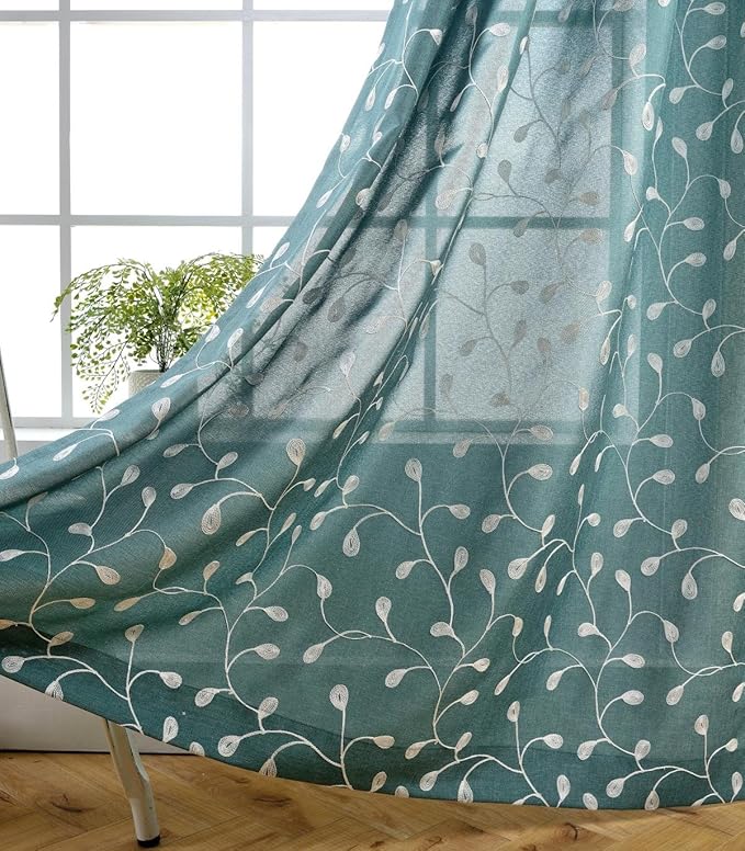MIUCO Floral Embroidered Semi Sheer Curtains Faux Linen Grommet Window Panel Pair for Bedroom 52 x 63 Inch, Teal