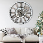 The B-Style Large Real Moving Gears Wall Clock 30 inch Rustic Retro Industrial Farmhouse Wood Clock Oversized Decorative Vintage Wall Clocks for Living Room (Silver Gray)