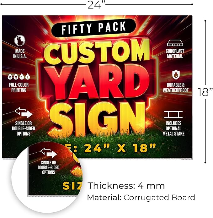 50 Pack 24"x18" Custom Yard Signs with Stakes, Personalized Yard Signs for Outdoors, Customized Full Color Print Corrugated Signs for Business