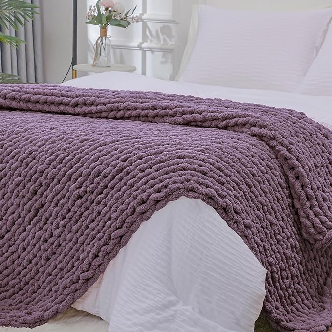 Bigacogo Chunky Knit Throw Blanket for Couch, 51x63 inches, 100% Hand Knitted with Thick Jumbo Chenille Yarn, Cozy Soft Large Rope Knot Cable Crochet Blankets for Sofa Bed Living Room, Winter Grape